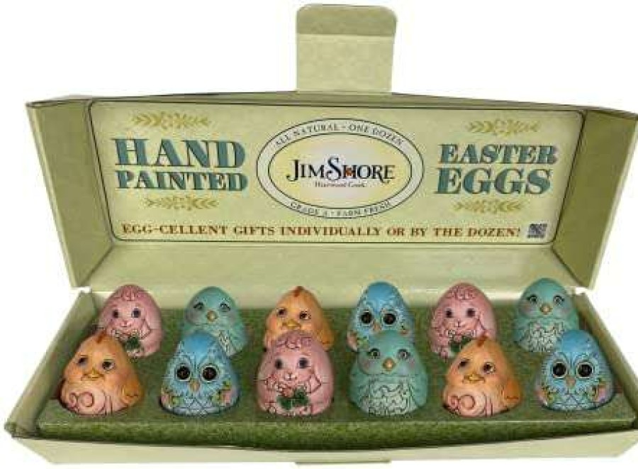 Collectible Figurines * | Discounts Online Jim Shore Heartwood Creek Easter Egg Carton Full Set Of 12 Eggs With Bunny Owl Chick & Bird Patterns 6010430, Yellow,Blue,Green,Pink