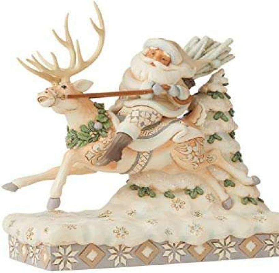 Collectible Figurines * | Reduction In Price Enesco Jim Shore Heartwood Creek White Woodland Santa Riding Reindeer Figurine, 7.75 Inch, Multicolor