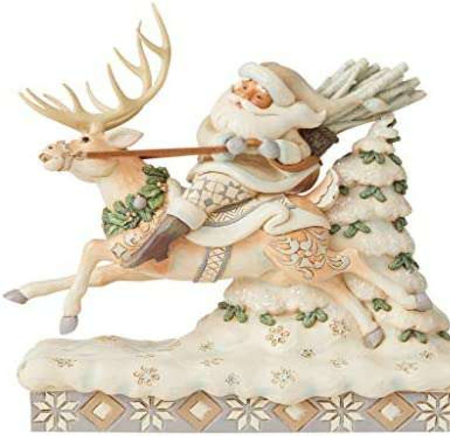 Collectible Figurines * | Reduction In Price Enesco Jim Shore Heartwood Creek White Woodland Santa Riding Reindeer Figurine, 7.75 Inch, Multicolor