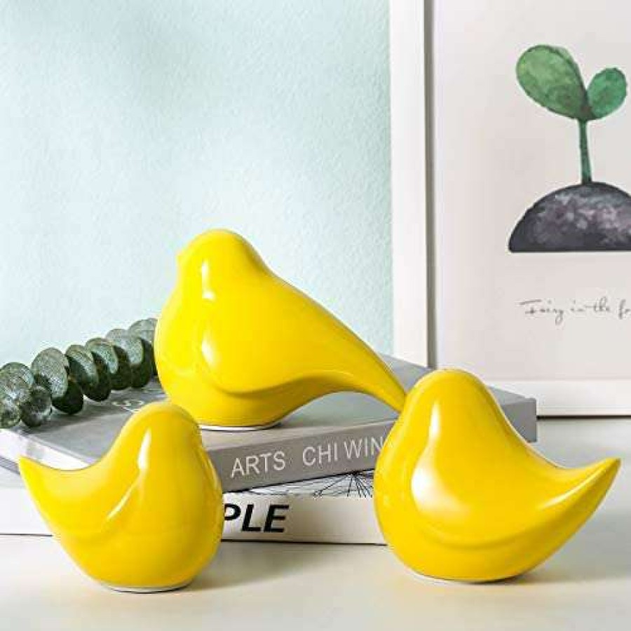 Home Decor Products * | Discounts Online Yellow Ceramic Birds Figurines Home Decor Set Of 3 For Living Room Decor Bright Yellow Office Decoration For Fireplace