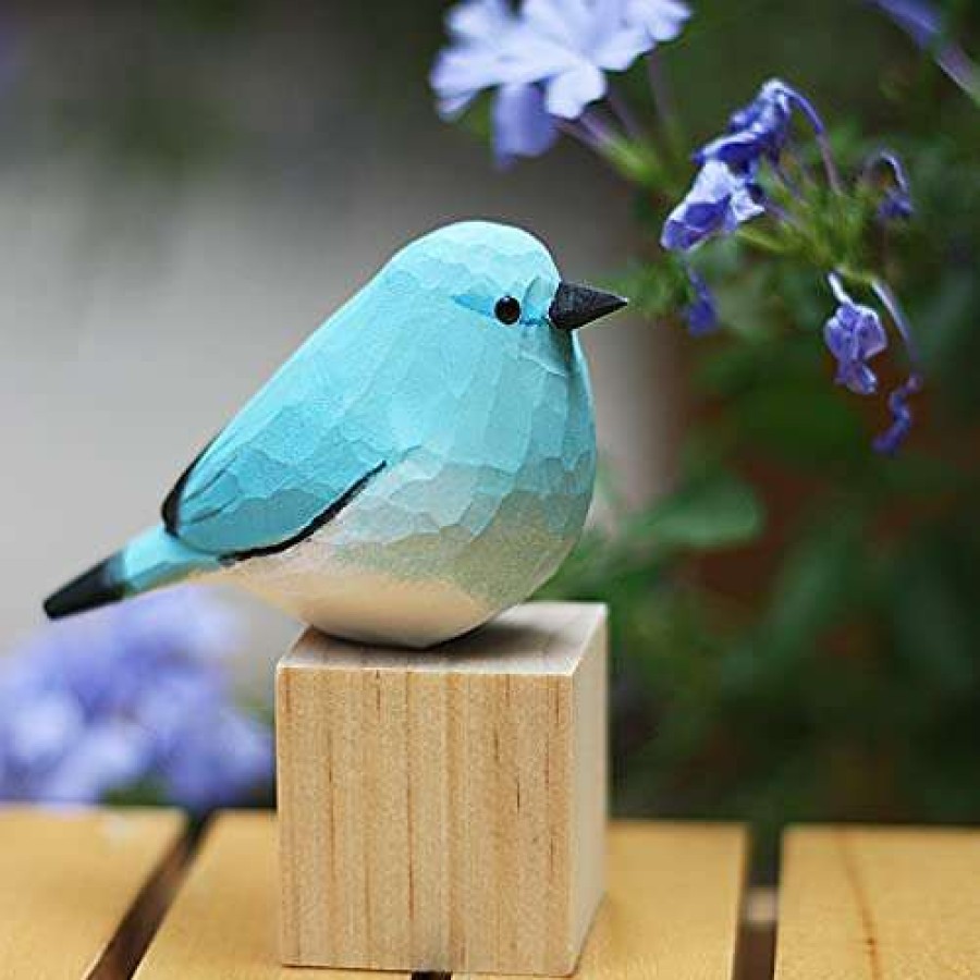 Collectible Figurines * | At Discount Prices Weausup Handmade Wooden Carved Bird Decor Sculpted Hand-Painted Bird Figurines Small Home Decor Bird Statue Shelf Decor Bff Gifts For Bird Lovers(Blue Robin)