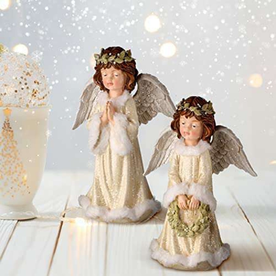 Collectible Figurines * | Outlet Regency International Resin Christmas Girl Angel Figurine, Set Of 2, 8 Inch